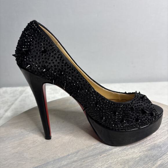 Black Platform Peep Toe Heels – Studded Spike Stiletto Pumps, Gothic 8 - Picture 5 of 12